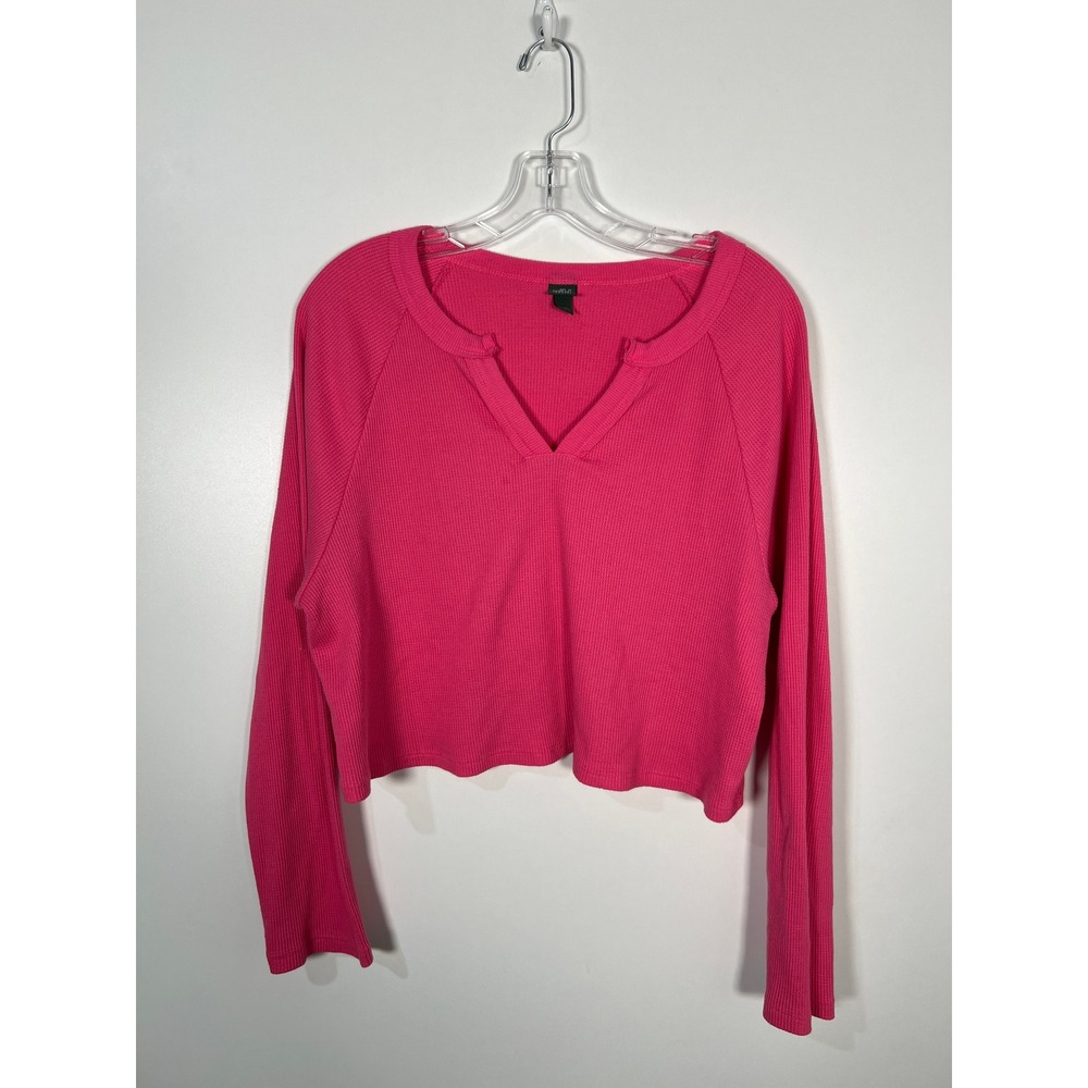 Wild Fable Hot Pink Waffle Knit Cropped Long Sleeve Split Neck Top XXL